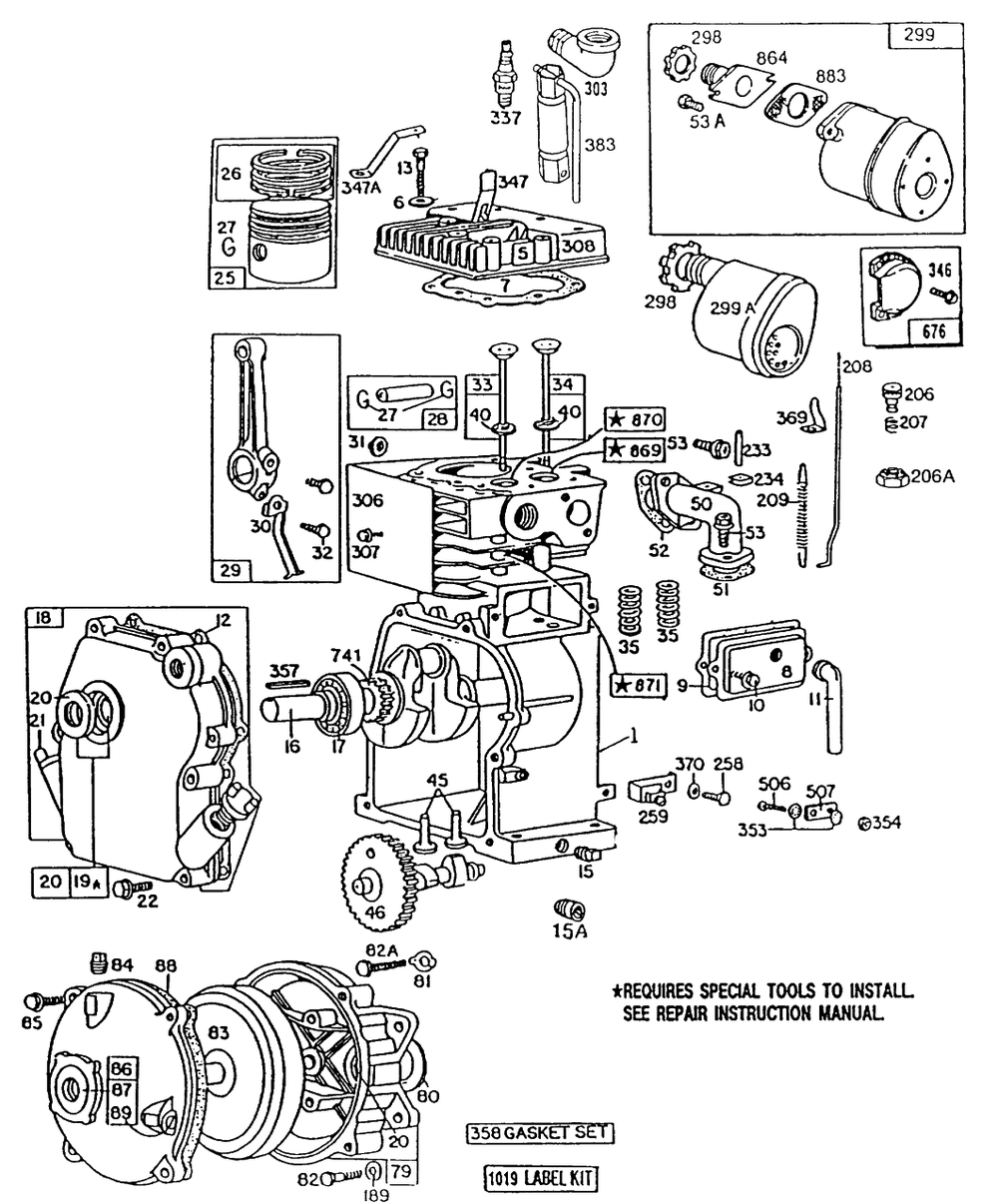 Cylinder,crankcase,mufflers Diagram and Parts List for 80331-1639-01  Briggs and Stratton Engine